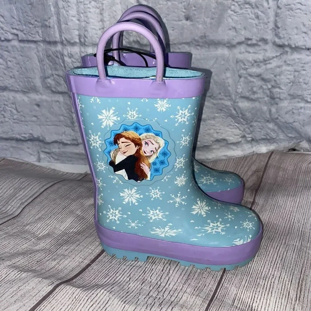 Disney frozen brand new little girls 5/6 pull on rubber rain boots w/handles